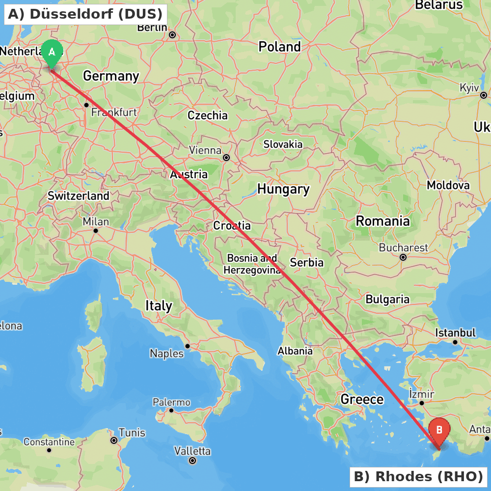 Flight route map from Düsseldorf to Rhodes