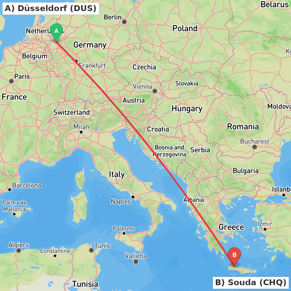 Flight route map from Düsseldorf to Souda