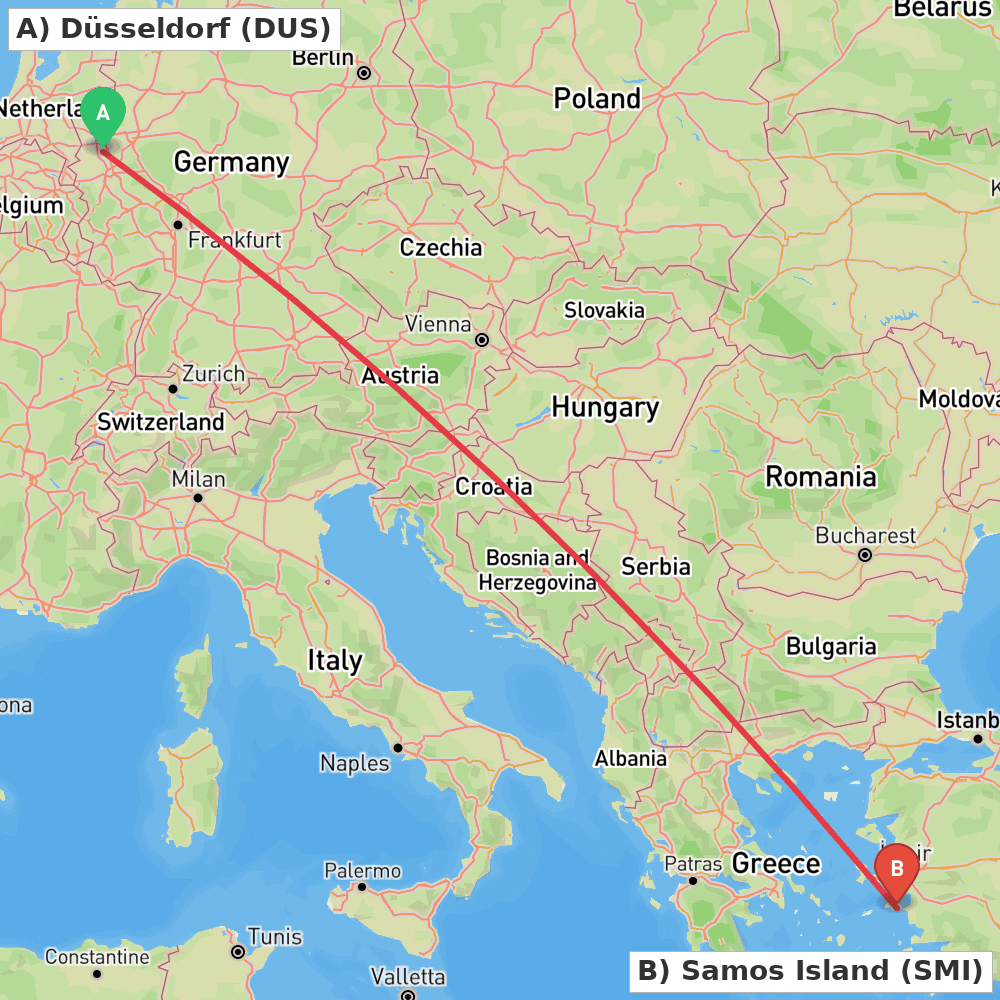 Flight route map from Düsseldorf to Samos Island