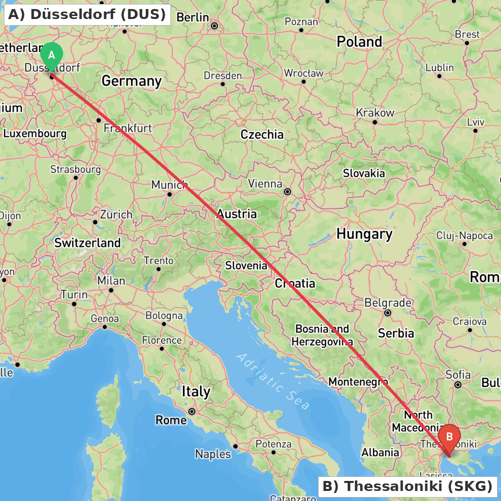 Flight route map from Düsseldorf to Thessaloniki