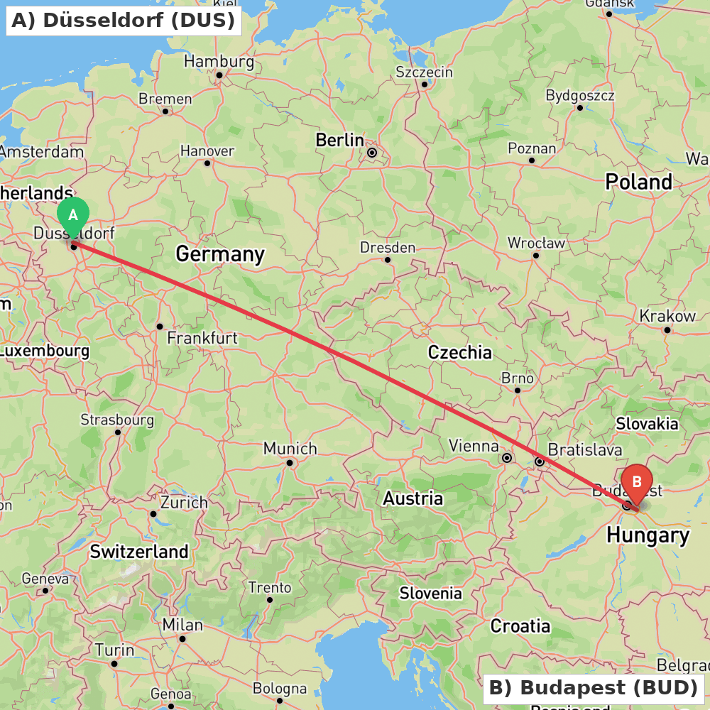Flight route map from Düsseldorf to Budapest