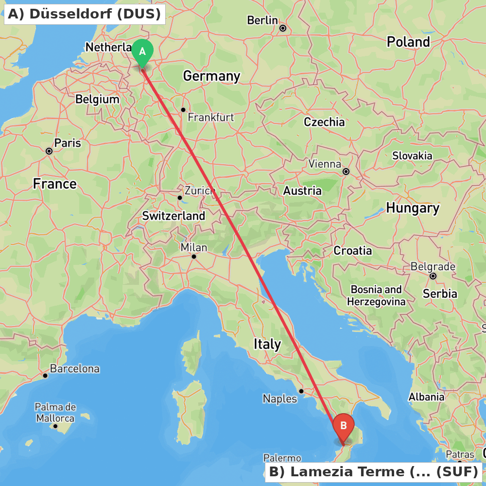 Flight route map from Düsseldorf to Lamezia Terme (CZ)