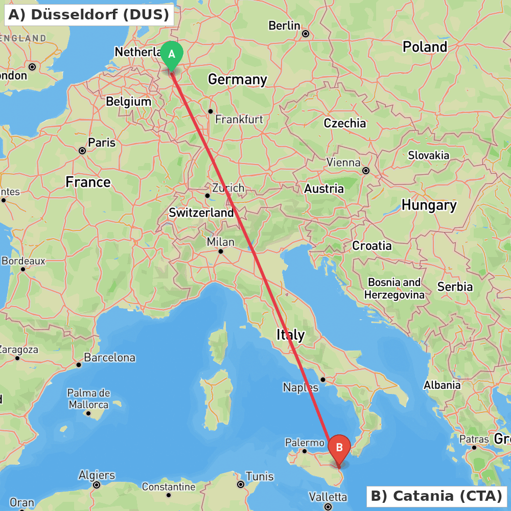 Flight route map from Düsseldorf to Catania
