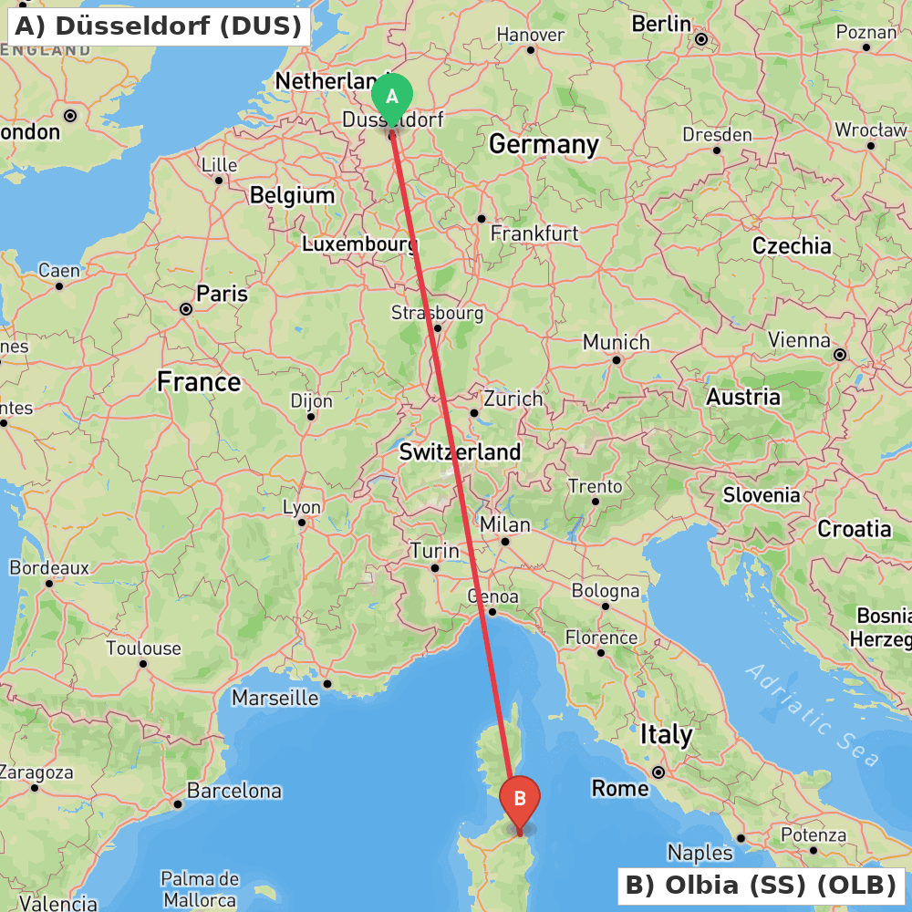 Flight route map from Düsseldorf to Olbia (SS)