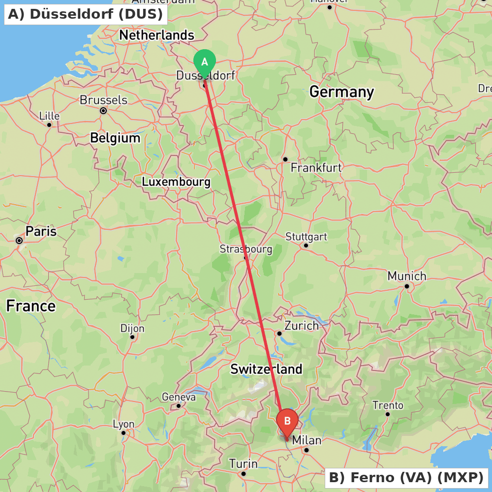 Flight route map from Düsseldorf to Ferno (VA)