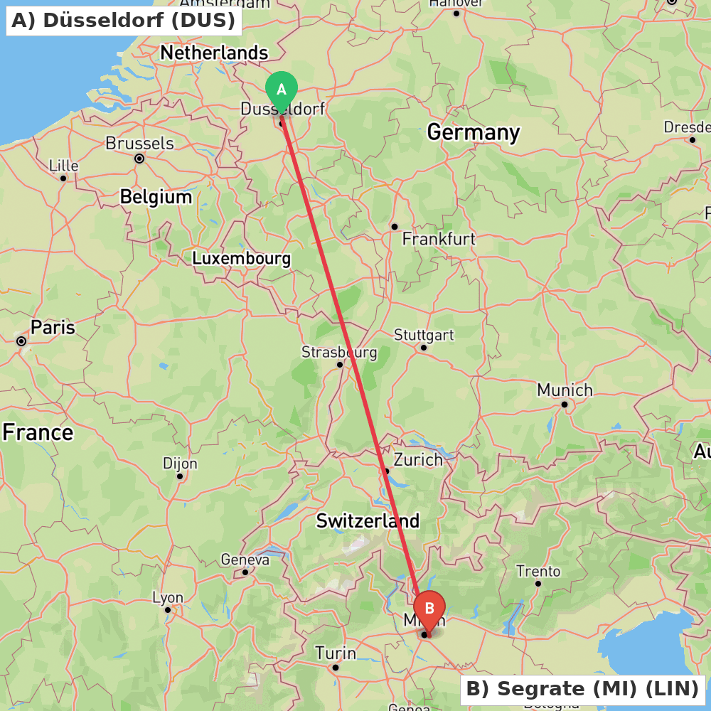 Flight route map from Düsseldorf to Segrate (MI)