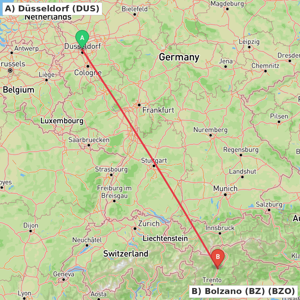 Flight route map from Düsseldorf to Bolzano (BZ)
