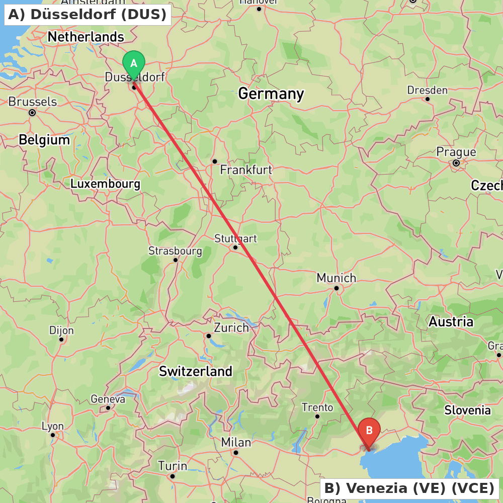 Flight route map from Düsseldorf to Venezia (VE)