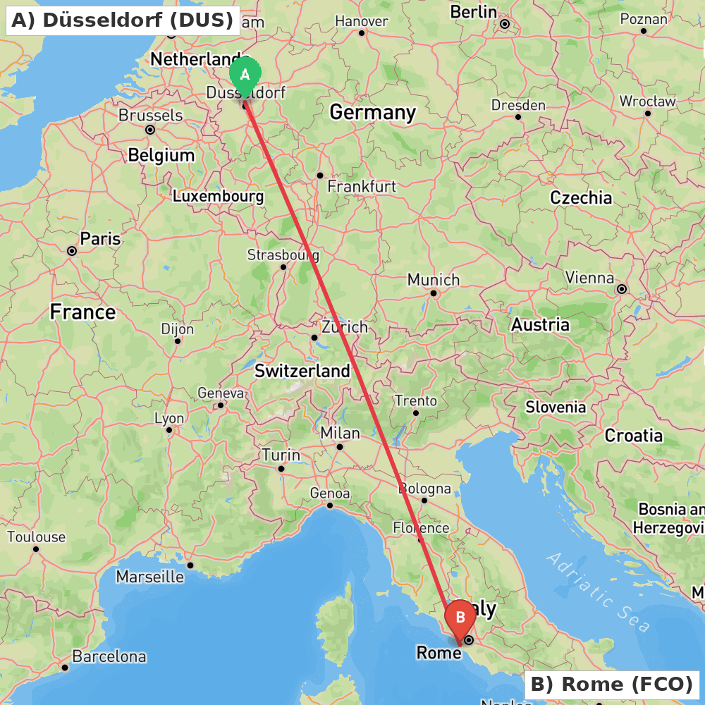 Flight route map from Düsseldorf to Rome