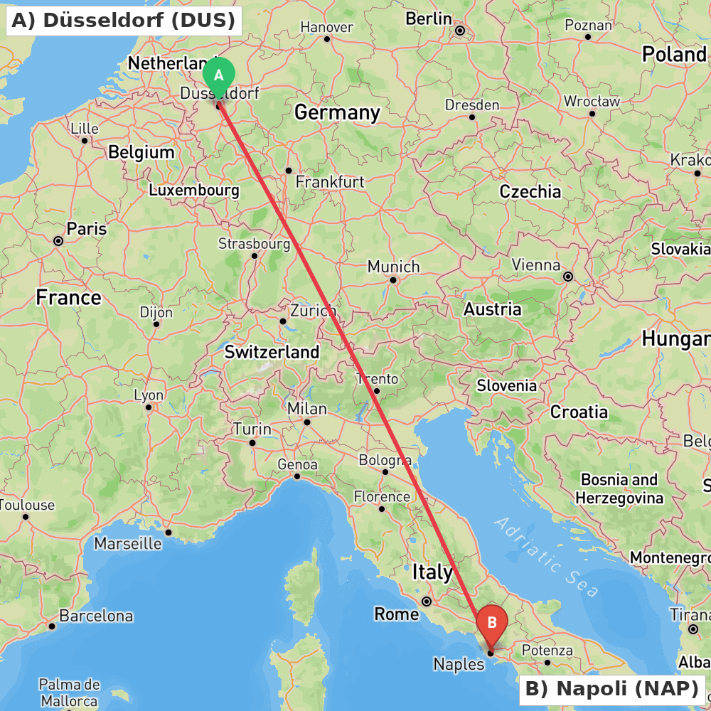 Flight route map from Düsseldorf to Napoli