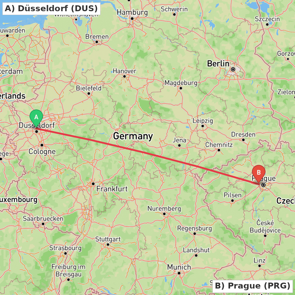 Flight route map from Düsseldorf to Prague