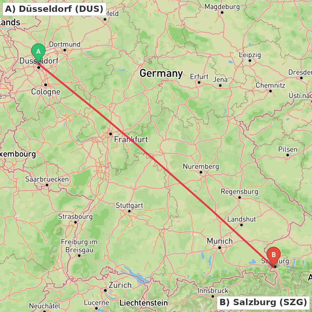 Flight route map from Düsseldorf to Salzburg