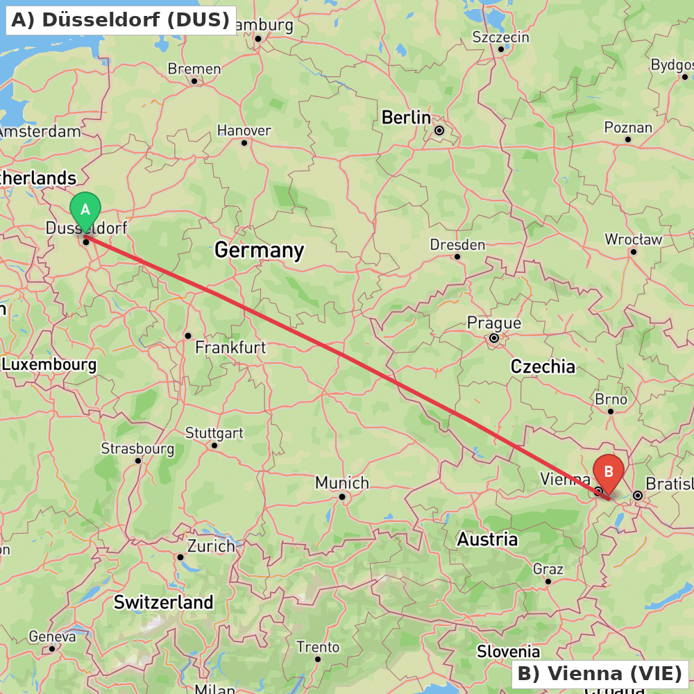Flight route map from Düsseldorf to Vienna
