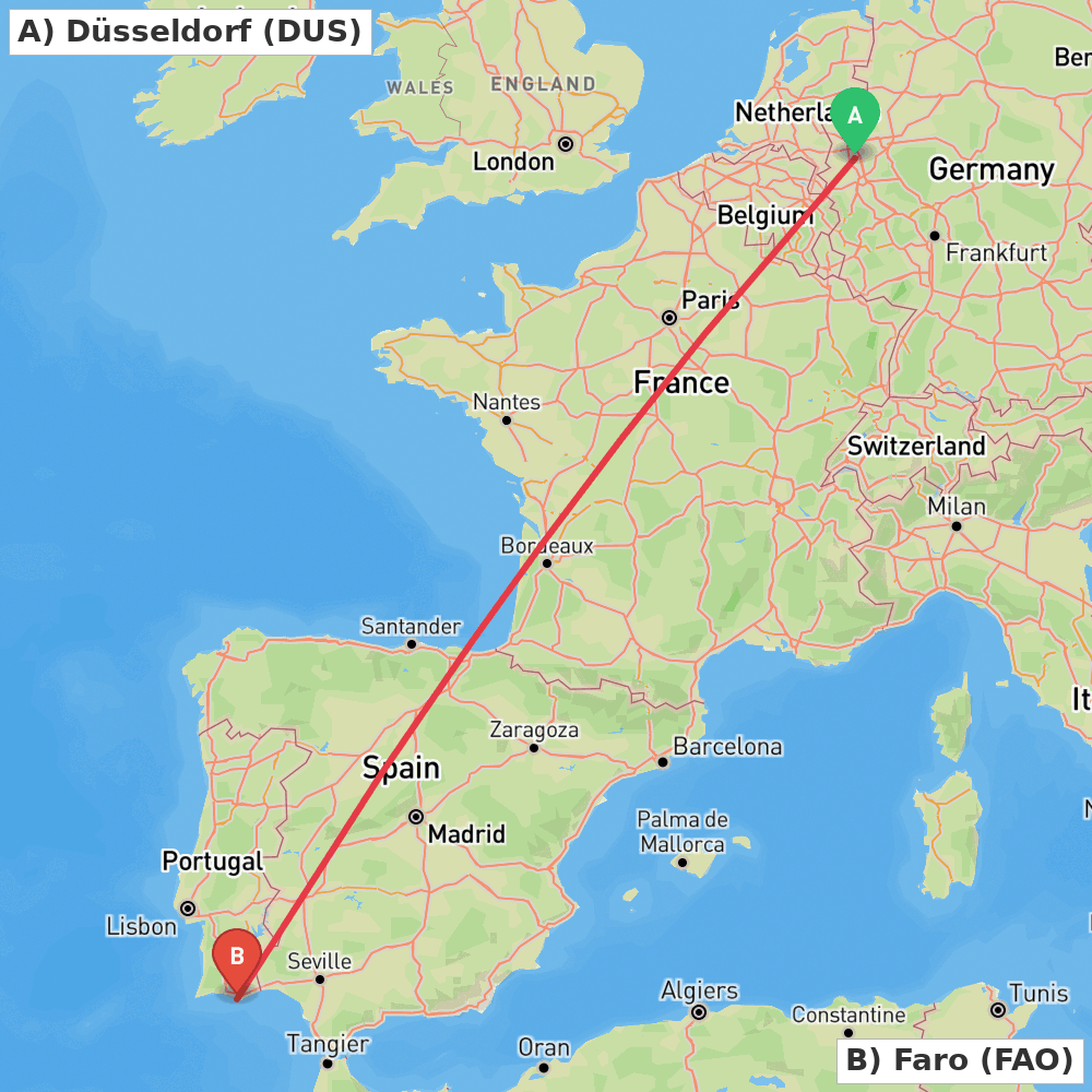 Flight route map from Düsseldorf to Faro