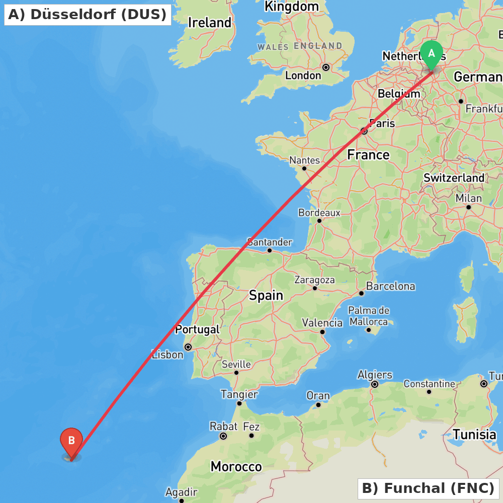 Flight route map from Düsseldorf to Funchal