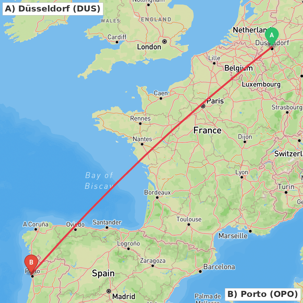 Flight route map from Düsseldorf to Porto
