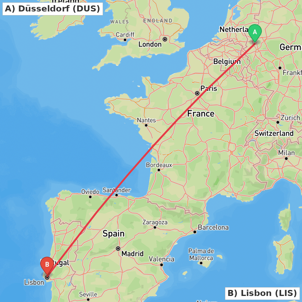 Flight route map from Düsseldorf to Lisbon
