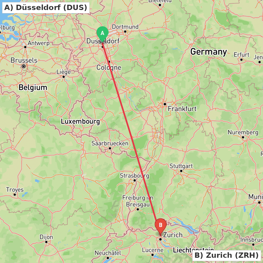Flight route map from Düsseldorf to Zurich