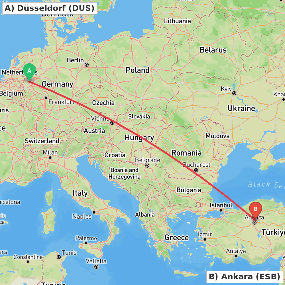 Flight route map from Düsseldorf to Ankara