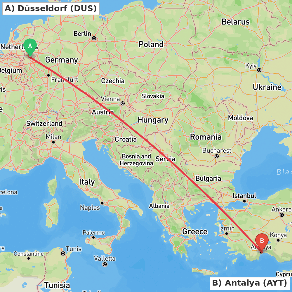 Flight route map from Düsseldorf to Antalya