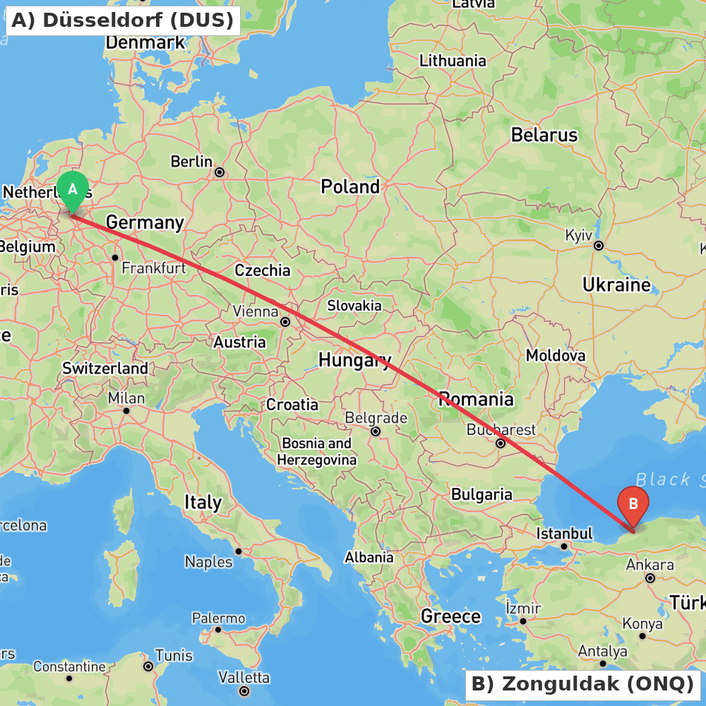 Flight route map from Düsseldorf to Zonguldak