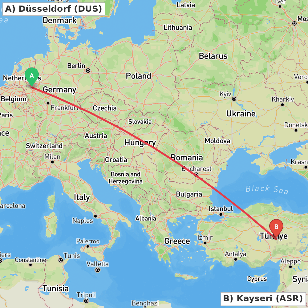 Flight route map from Düsseldorf to Kayseri