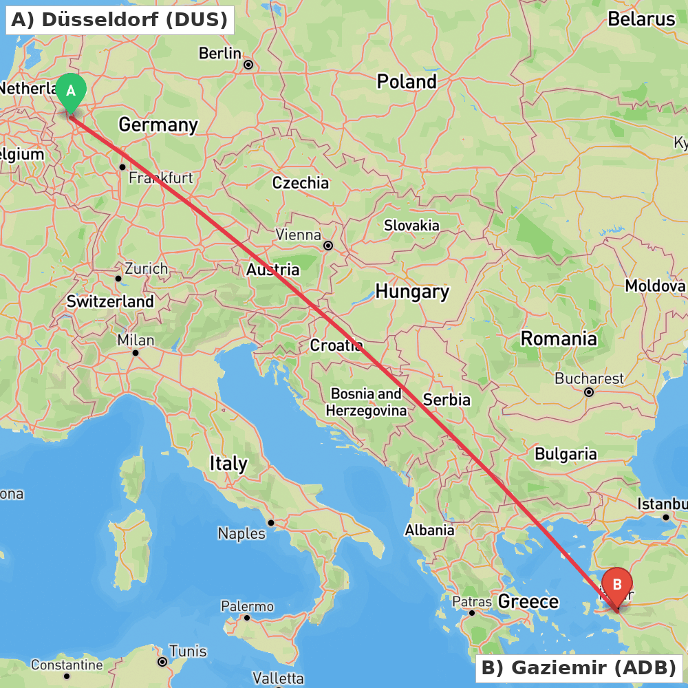 Flight route map from Düsseldorf to Gaziemir