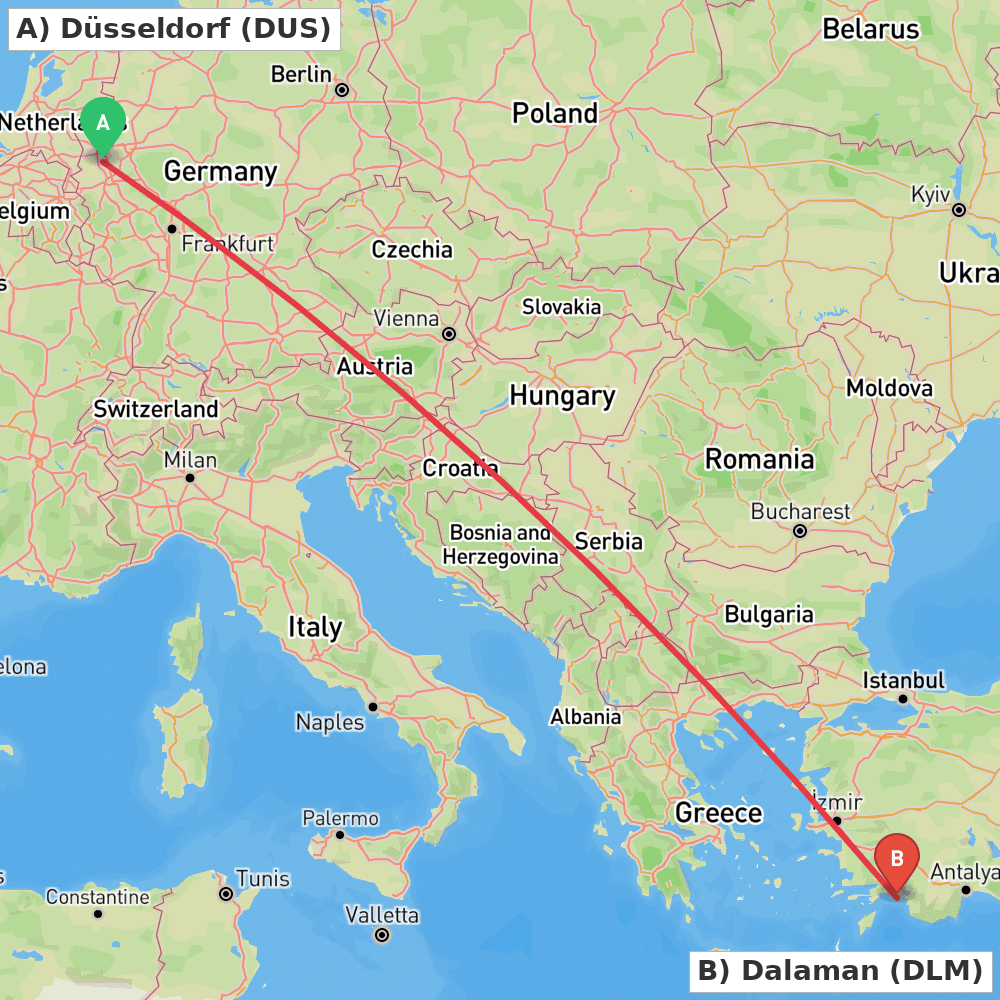 Flight route map from Düsseldorf to Dalaman