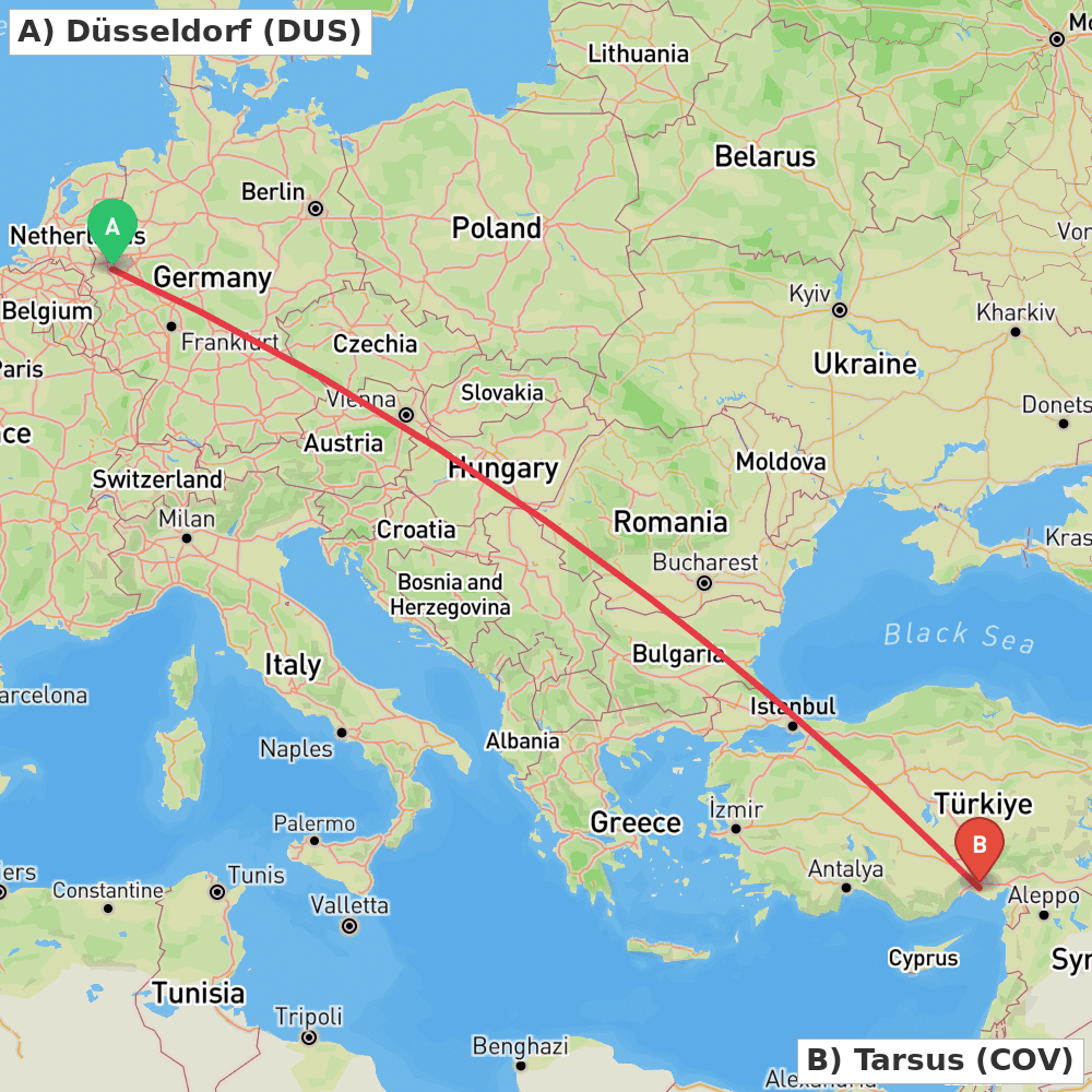 Flight route map from Düsseldorf to Tarsus
