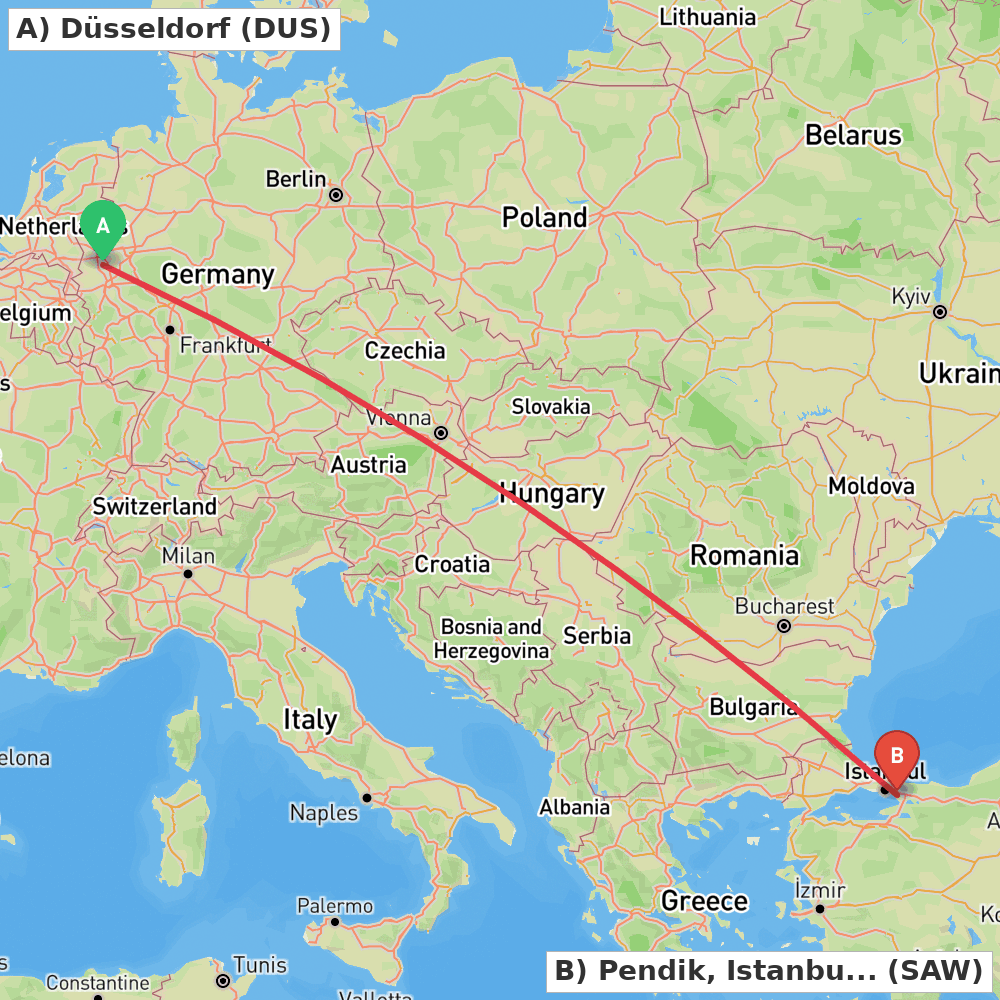 Flight route map from Düsseldorf to Pendik, Istanbul