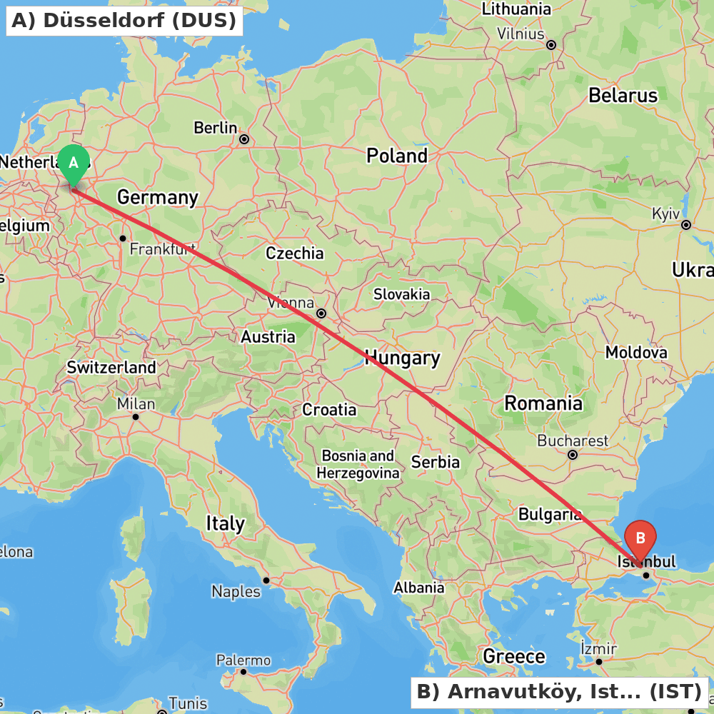 Flight route map from Düsseldorf to Arnavutköy, Istanbul