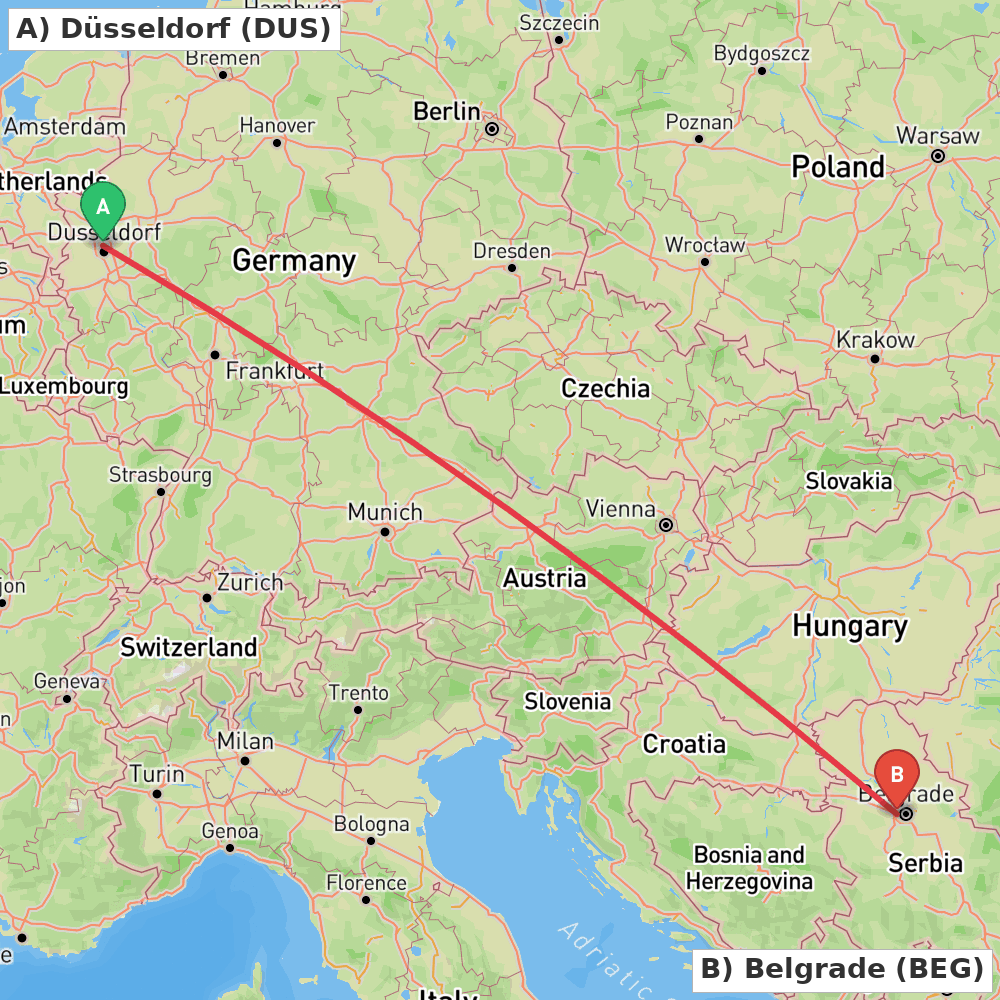 Flight route map from Düsseldorf to Belgrade