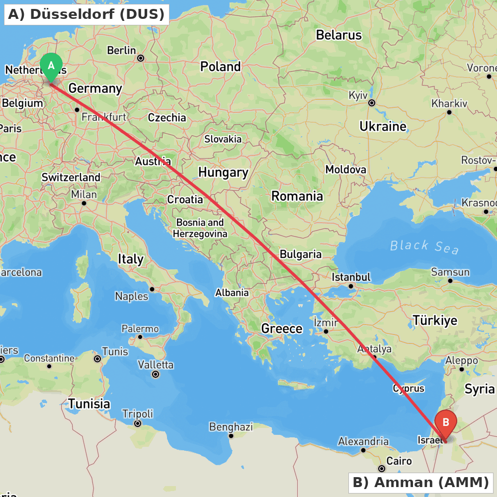 Flight route map from Düsseldorf to Amman