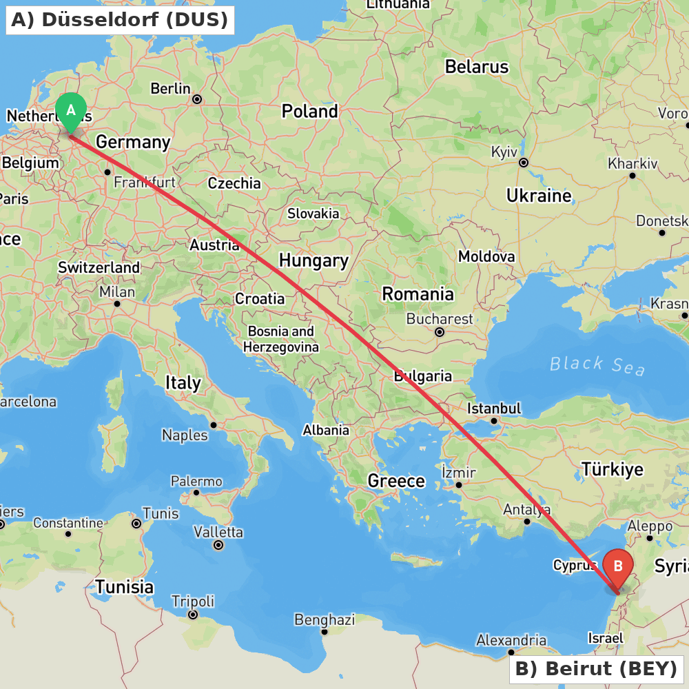 Flight route map from Düsseldorf to Beirut