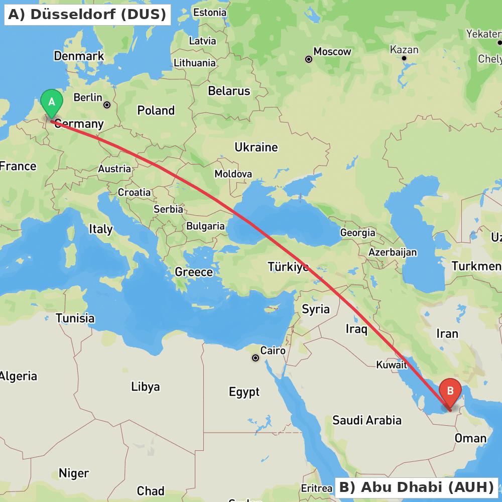 Flight route map from Düsseldorf to Abu Dhabi