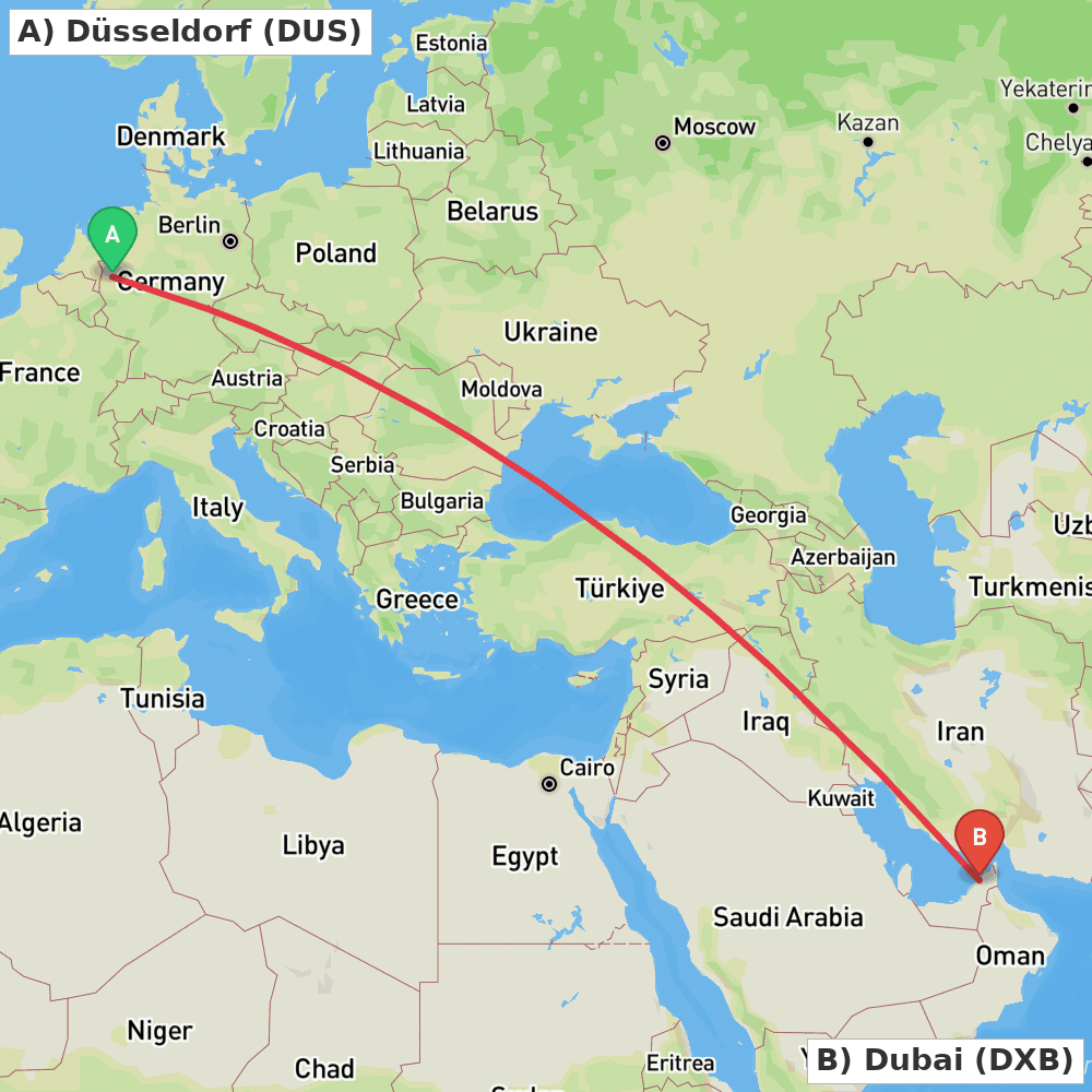 Flight route map from Düsseldorf to Dubai