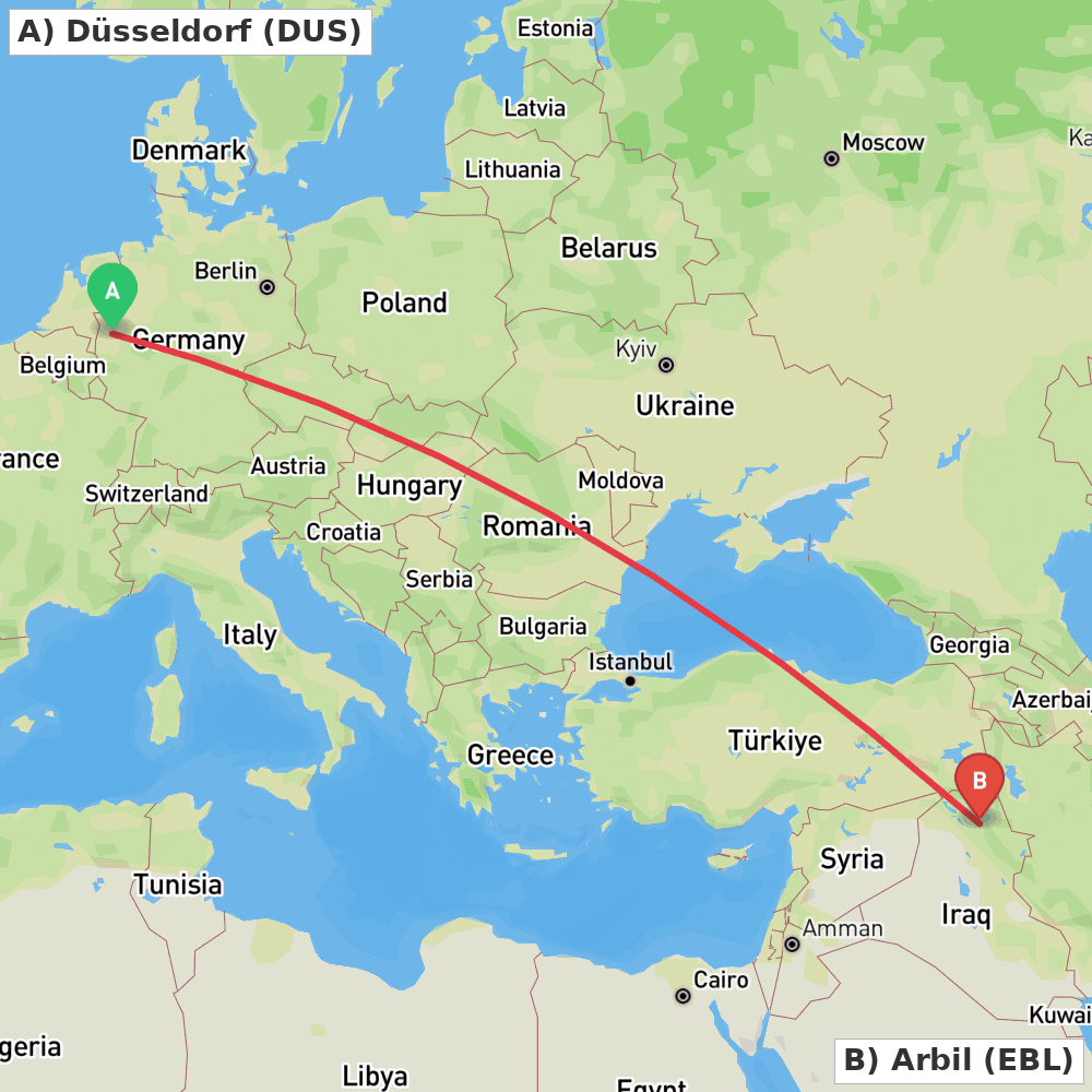Flight route map from Düsseldorf to Arbil