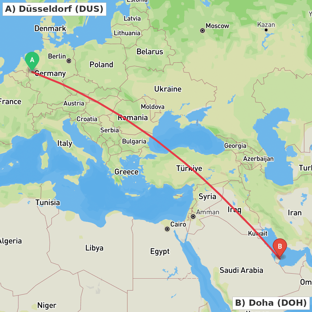 Flight route map from Düsseldorf to Doha