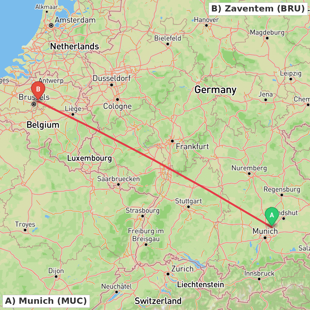Flight route map from Munich to Zaventem
