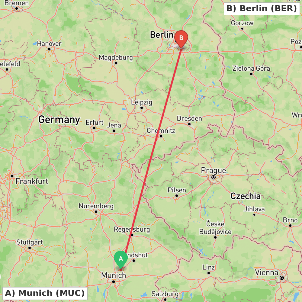 Flight route map from Munich to Berlin