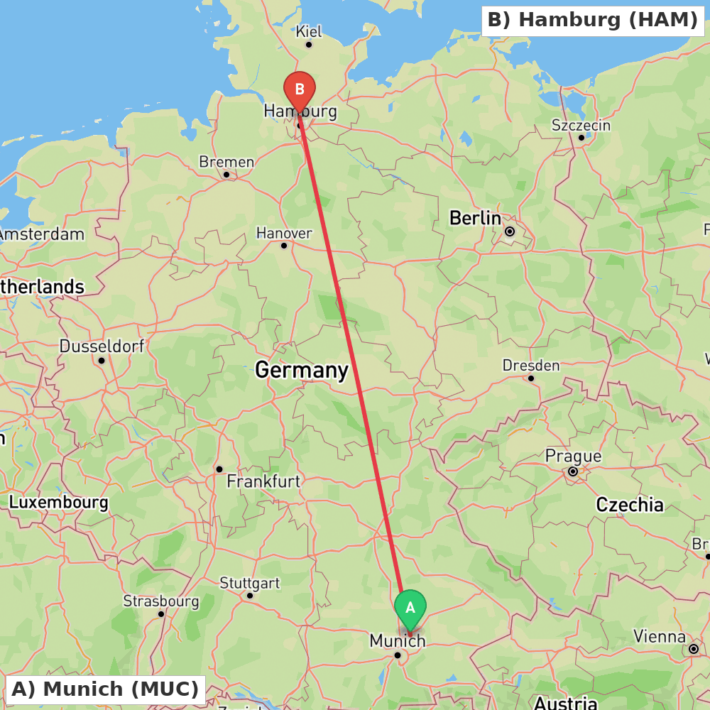 Flight route map from Munich to Hamburg