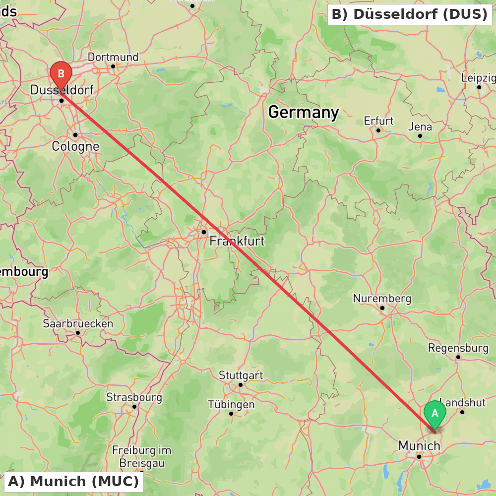 Flight route map from Munich to Düsseldorf