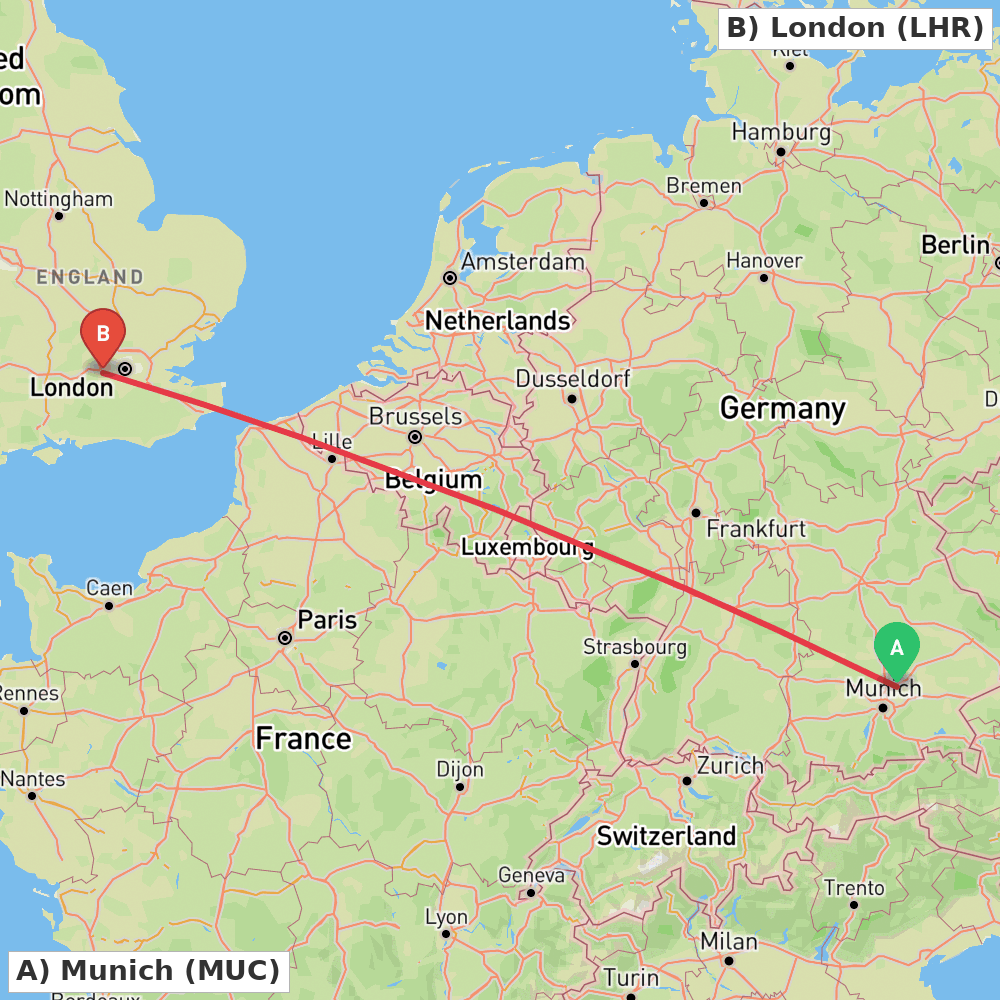 Flight route map from Munich to London