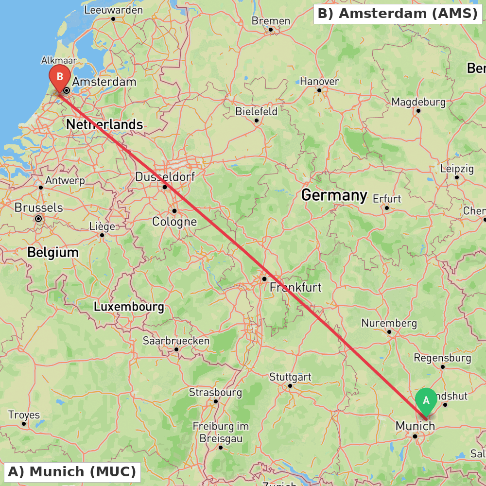 Flight route map from Munich to Amsterdam