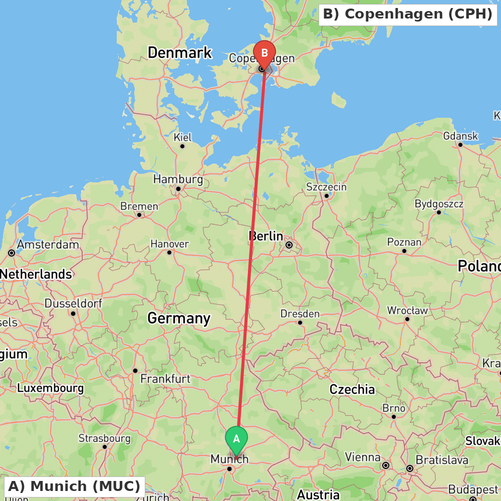 Flight route map from Munich to Copenhagen