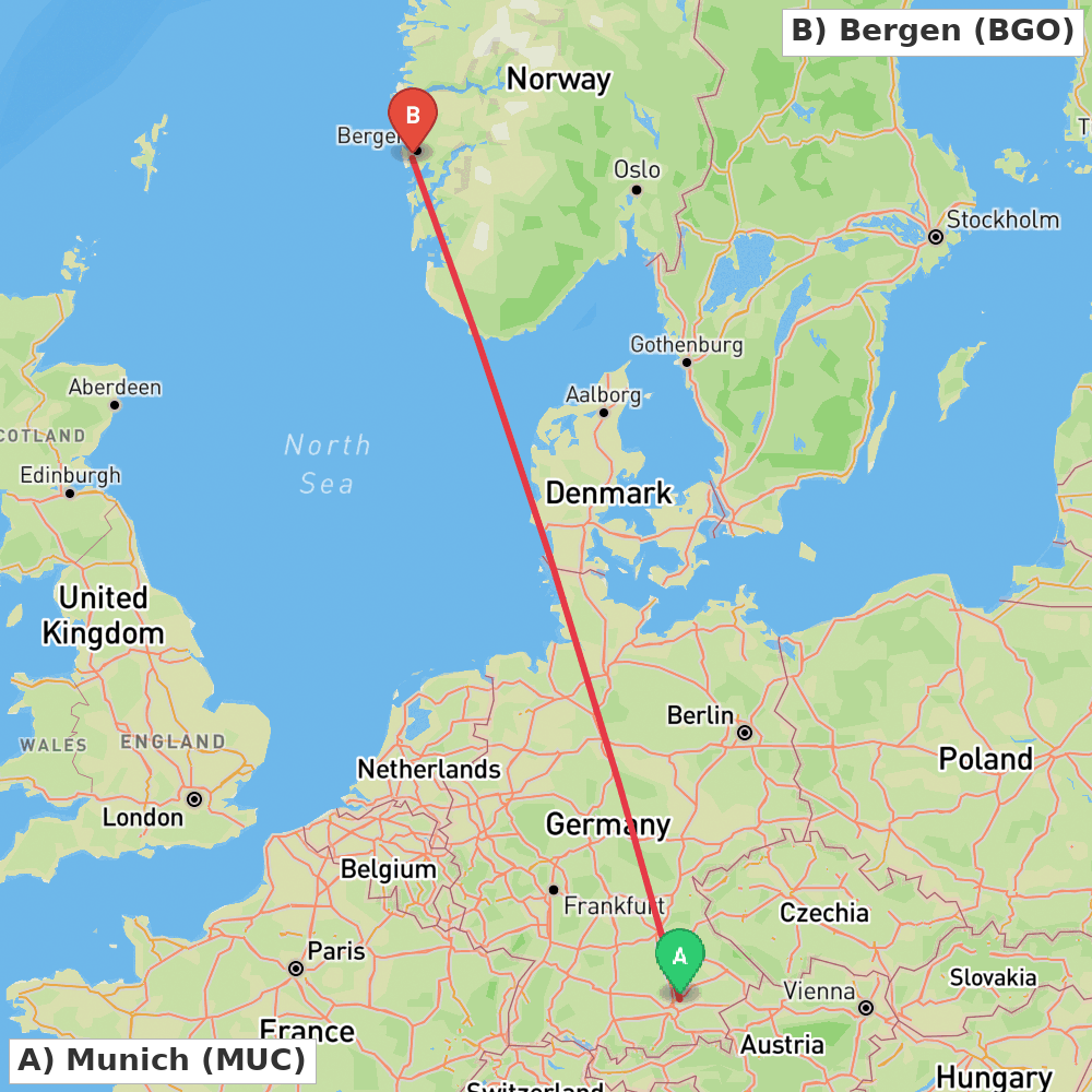 Flight route map from Munich to Bergen