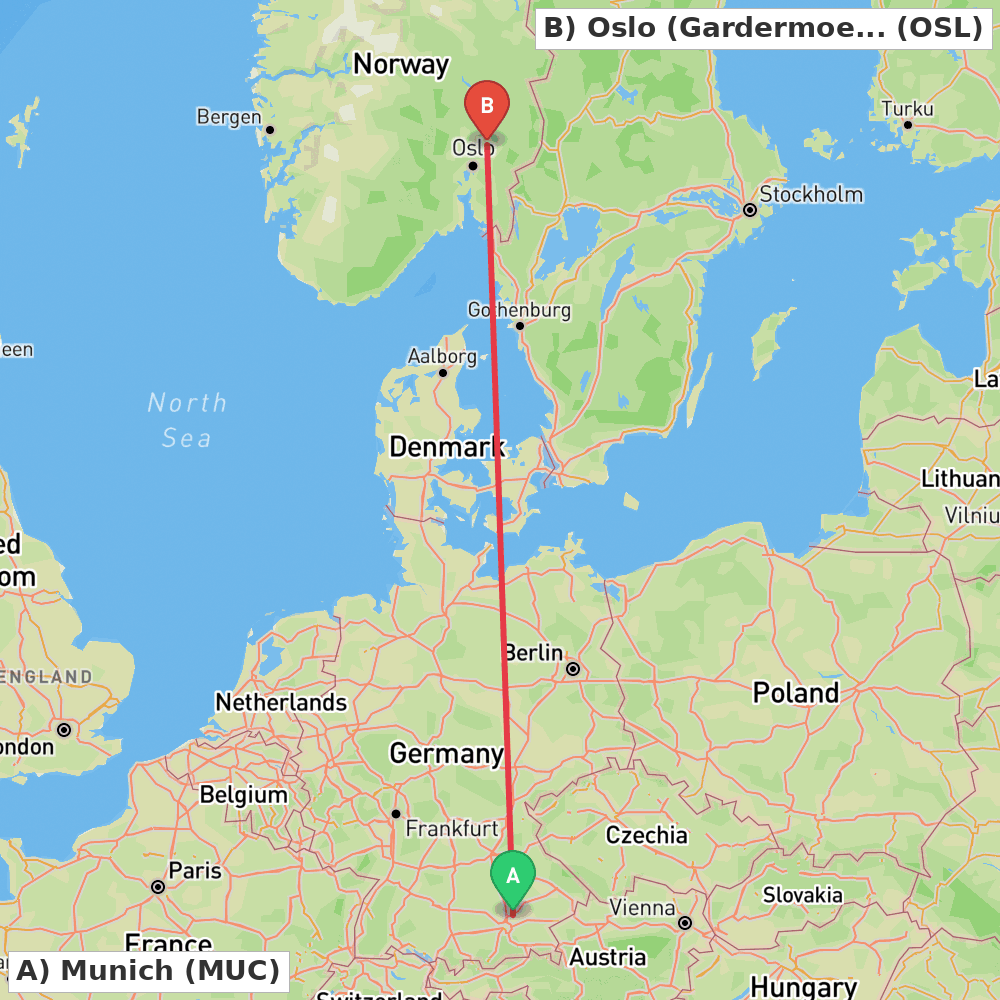 Flight route map from Munich to Oslo (Gardermoen)