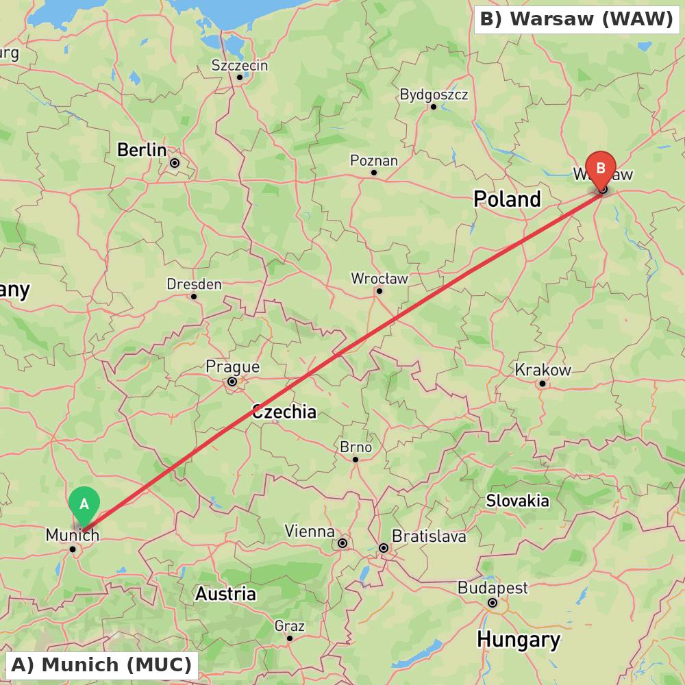 Flight route map from Munich to Warsaw