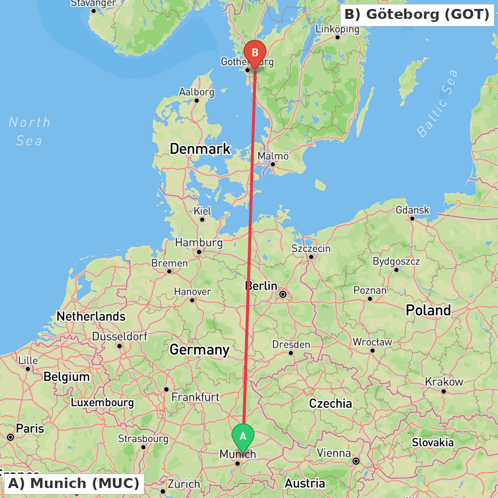 Flight route map from Munich to Göteborg