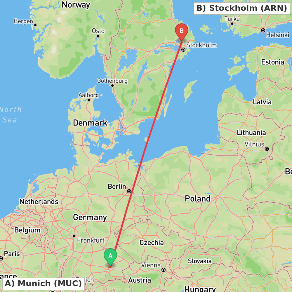 Flight route map from Munich to Stockholm